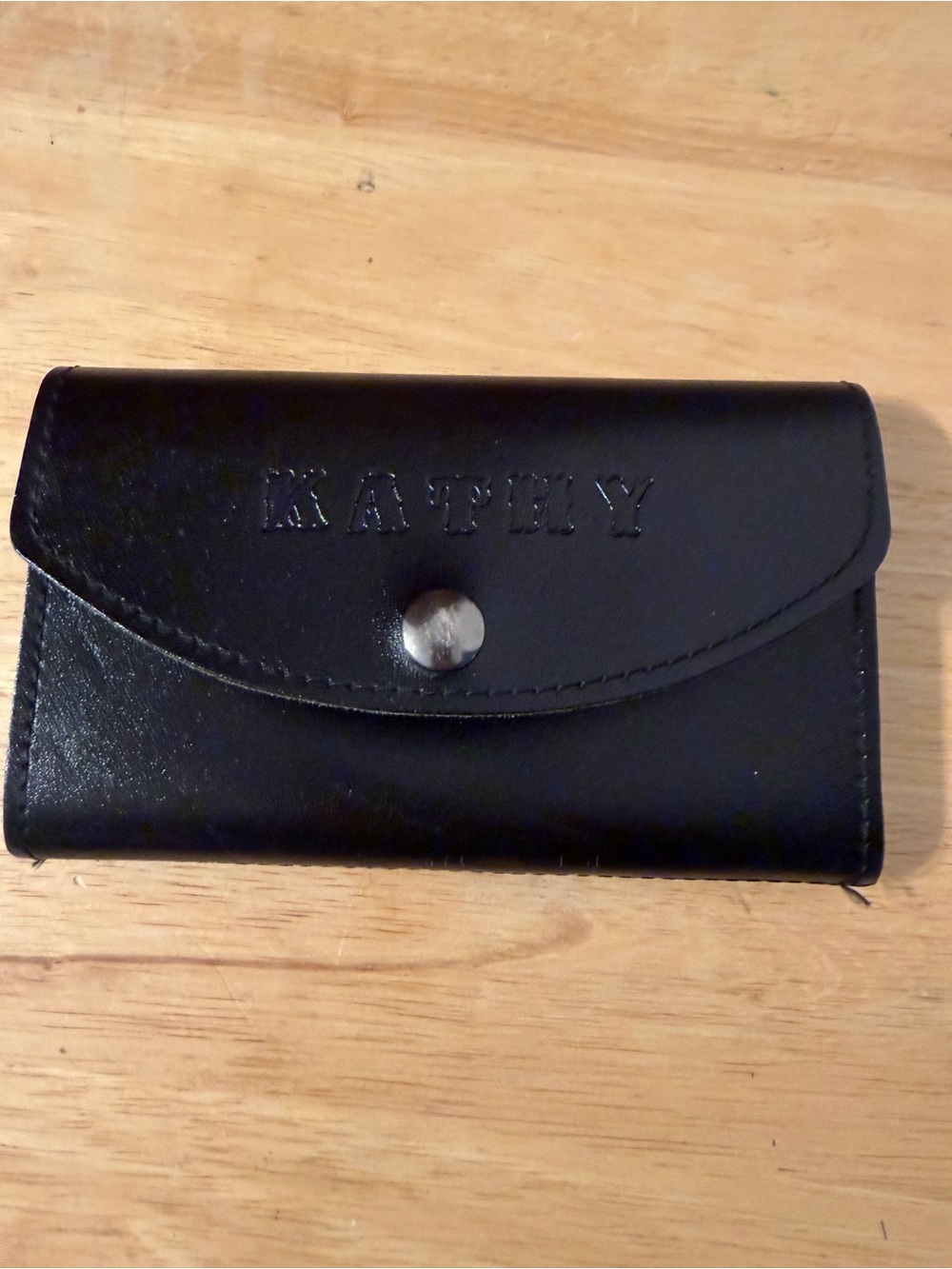 Hand Crafted Black Leather Wallet with Snap Closure - Customized “Kathy” EUC